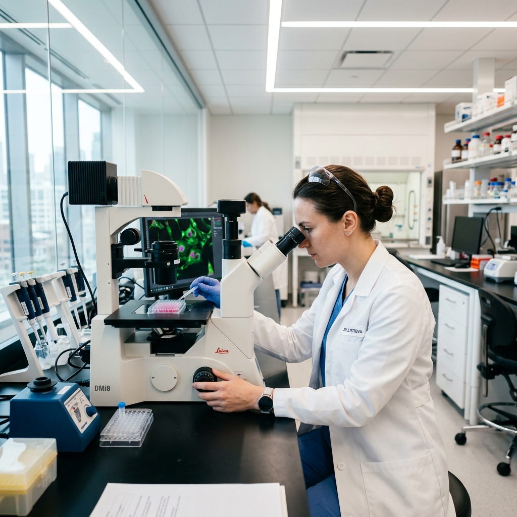 Scientist looking at microscope in modern laboratory